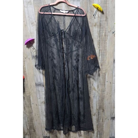 Victoria's Secret Black Mesh Embroidered Long Cardigan M/L - Picture 1 of 4
